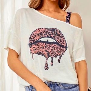 Leopard Print Lip Graphic Off-Shoulder Blouse